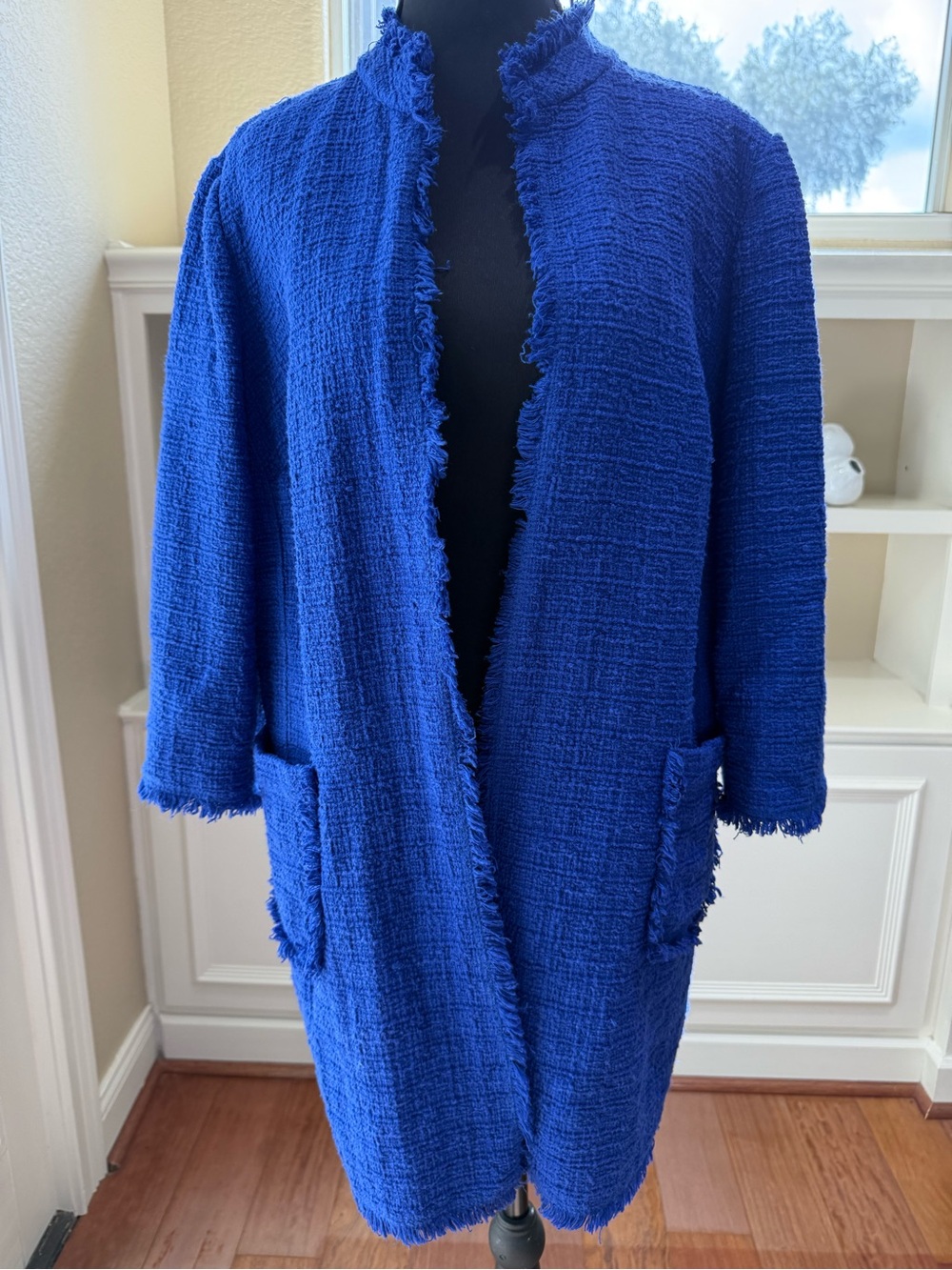 Chico's Longline Jacket 2 Jacket Cobalt Blue Bouclé Open-Front Sweater Cardigan
